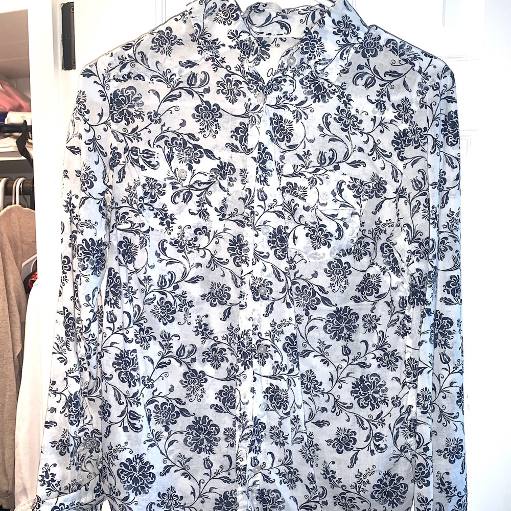 Navy and white paisley button down